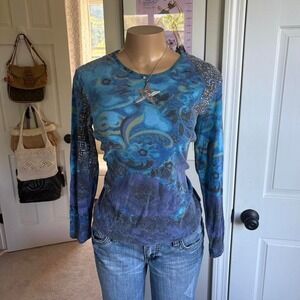 y2k 2000s blue abstract mesh long sleeve sheer top